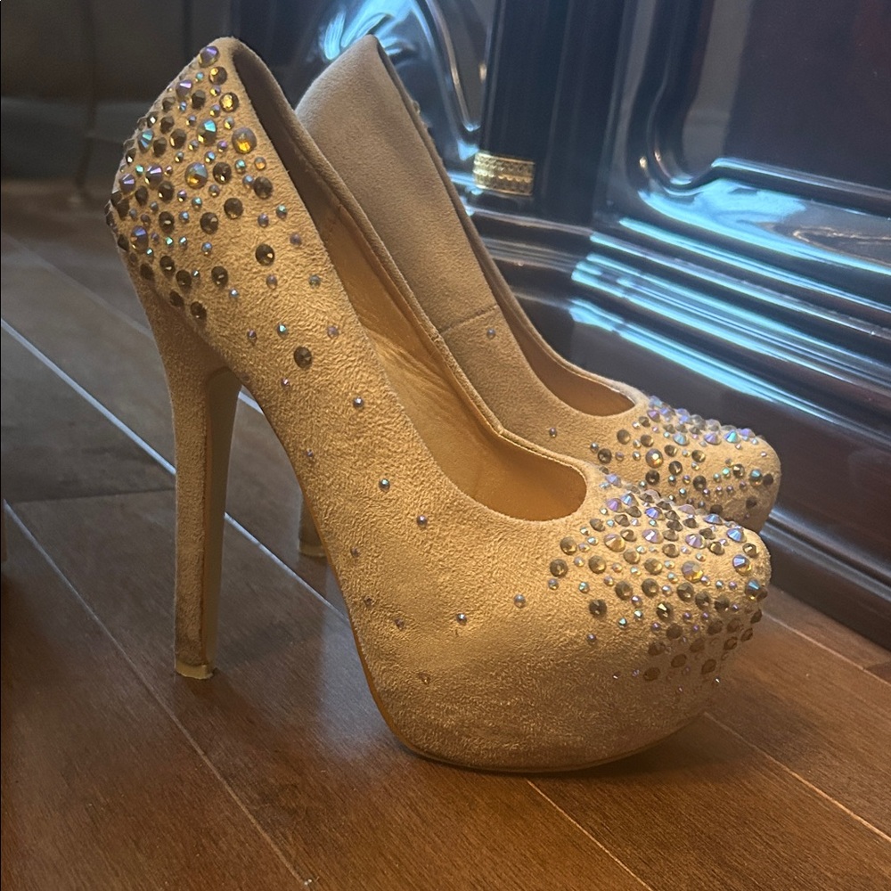 Elegant Beige Studded High Heels